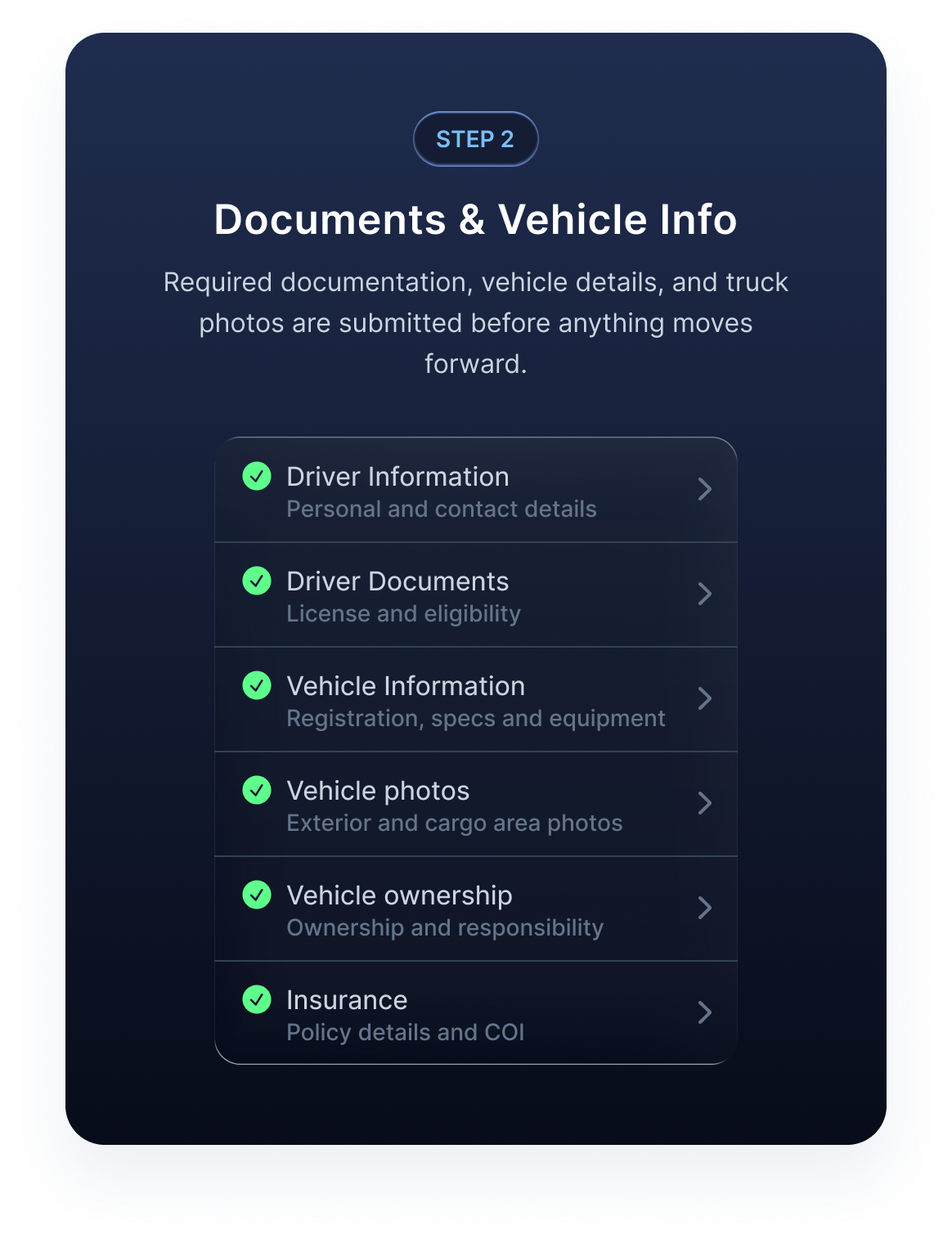 Driver verification — Step 2: Documents & Vehicle Info